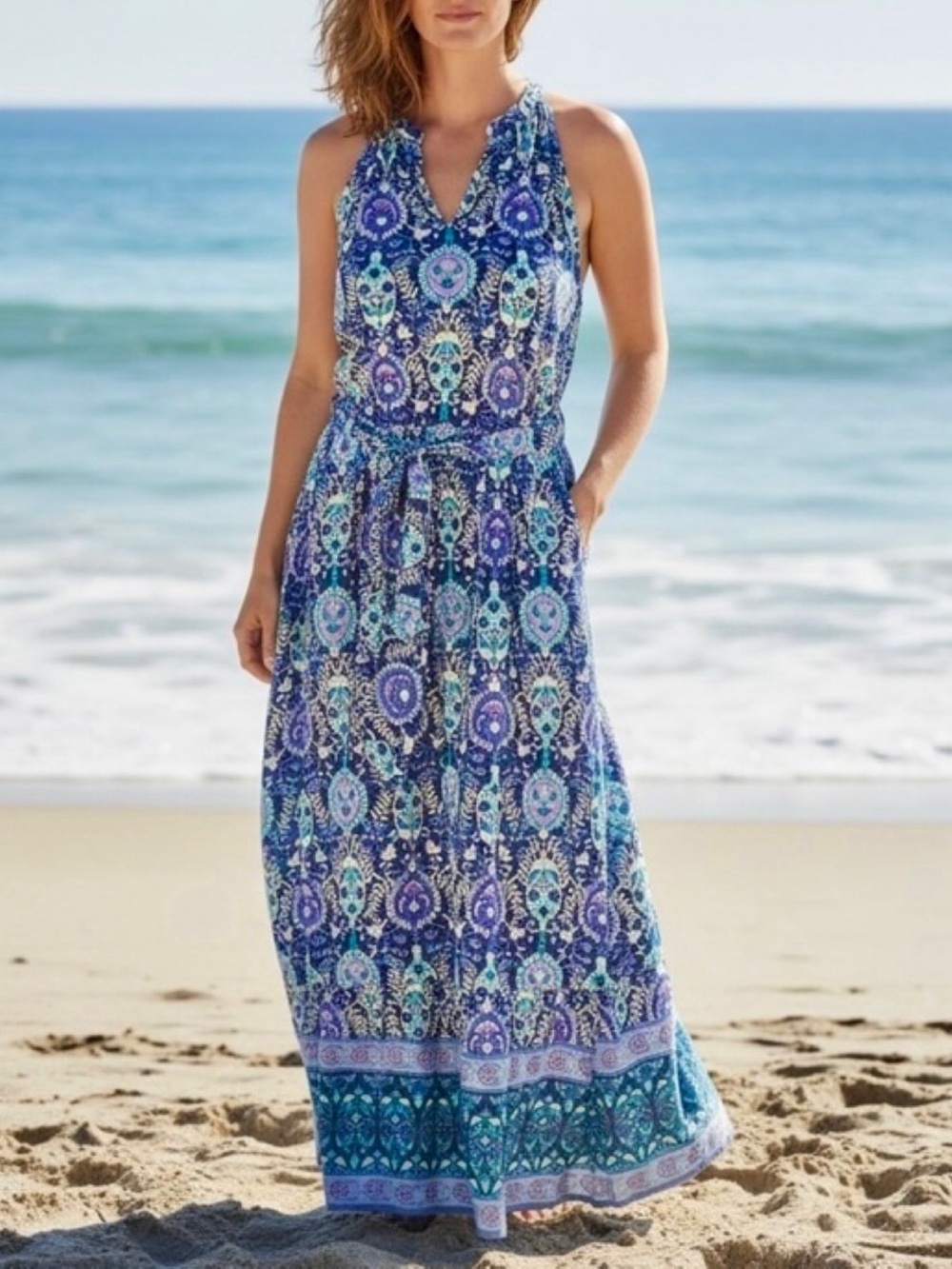 TALBOTS Blue Patterned Sleeveless Maxi Dress with Tie Waist! 🐚